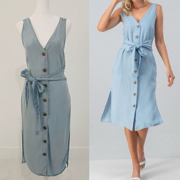 Denim Belted Tie Button Down Midi Dress - Picture 1 of 8